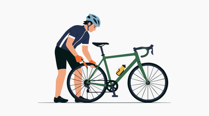 Fototapeta premium A man in a blue helmet and black shorts is checking his green bicycle with a water bottle attached