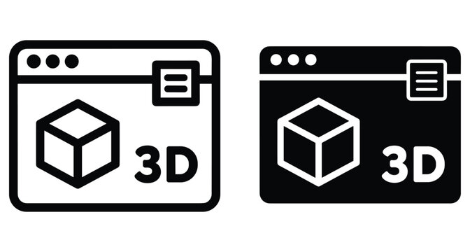 3D modeling software browser window icon set featuring cube symbol and interface elements for web design and digital application development