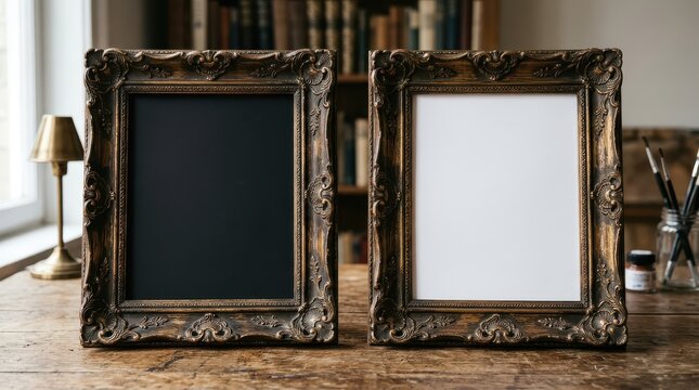 Antique ornate picture frames on wooden shelf