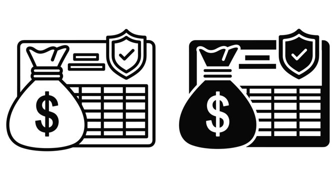 Financial security icon set featuring money bag dollar sign shield protection and spreadsheet document for banking insurance accounting and budget management