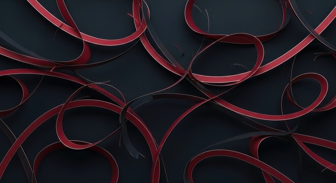 Intricate pattern of swirling red ribbons on dark slate grey background creating a three dimensional abstract composition with sharp edge.