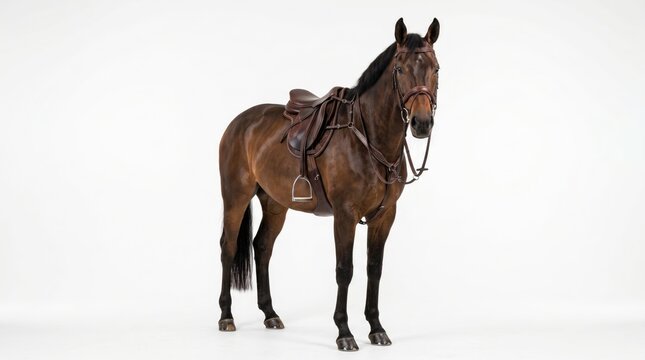 Brown horse with saddle standing on white background