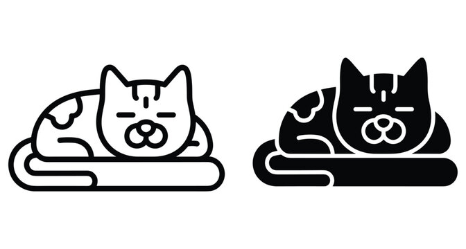 sleeping cat icon set featuring outline and solid glyph styles of a resting feline pet for web and mobile design