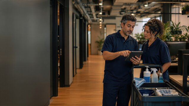 Man and woman cleaner reviewing digital tablet in office hallway. Professional custodial staff discussing cleaning maintenance schedule. Industrial hygiene and janitorial service management.
