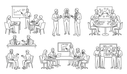 Obraz premium Professional Workplace Outline Scene Pack Featuring Business Meetings Networking Training and Team Collaboration Activities