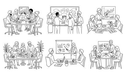 Obraz premium Business Team Collaboration Outline Scene Collection Featuring Meetings Strategy Planning and Professional Workplace Communication