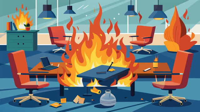 Conference room chaos during burning meeting with scattered papers and laptop symbolizing crisis and failure