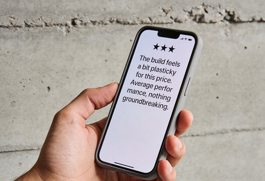 displaying three star review online negative product feedback customer experience on concrete background.