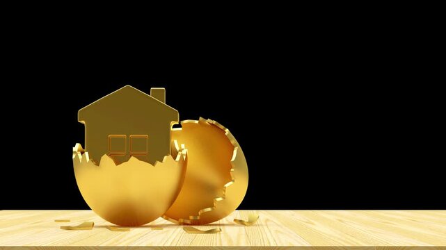 Golden house icon rises from a cracked eggshell on a wooden surface against a black background in a conceptual real estate 3D render