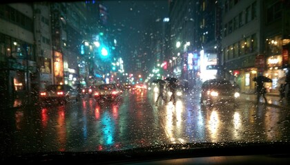 Obraz premium Rain-streaked view of a vibrant city street at night, illuminated by traffic and neon lights