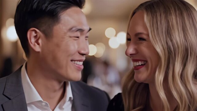 Asian man kisses caucasian woman closeup in candlelit ballroom, businessman whispers to actress while they smile and laugh, warm bokeh lights, soft glamour, candid tenderness and celebratory