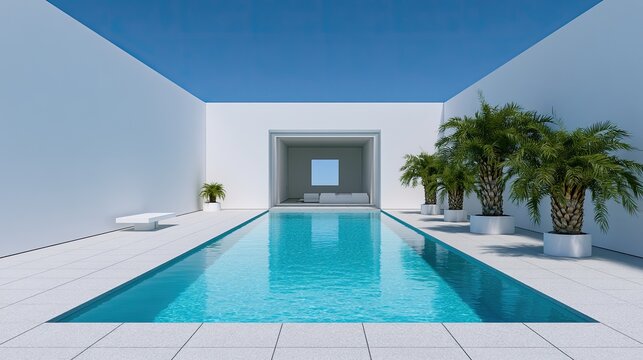 Modern minimalist courtyard with long blue pool and palm trees
