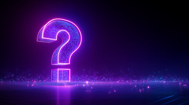 Neon question mark symbol representing inquiry, uncertainty and problem solving