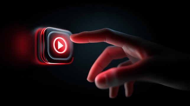 Finger pressing media play button representing digital interaction and streaming