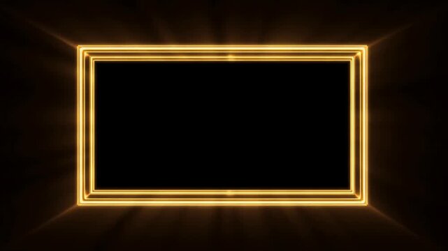 Panning shot of glowing gold neon rectangular frame pulsing and sliding against dark studio backdrop with radiant light beams