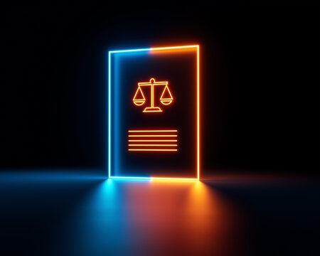 Neon legal document icon representing law, compliance and regulations