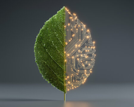 Eco technology concept combining natural leaf with digital circuit pattern