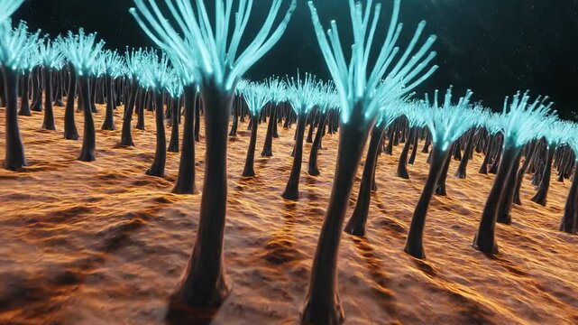 Crane shot rising through an alien landscape of cilia on a cell surface, showcasing warm amber tones and intricate details of the environment