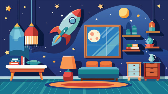 Children's bedroom with rocket ship and starry night sky decor in flat design style