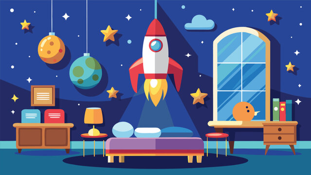 Child's bedroom with rocket lamp above bed under starry night sky and window view