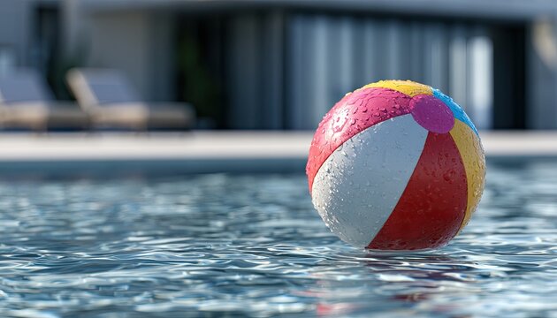 Colorful inflatable ball floats on rippling water near lounge chairs