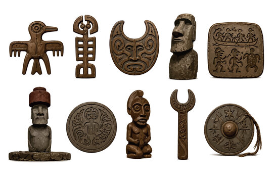 Vsai polynesian ancient culture artifacts and rapa nui statues