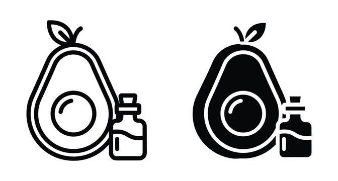 Avocado oil icon set featuring fresh fruit half with pit and glass bottle for skincare cooking and healthy lifestyle