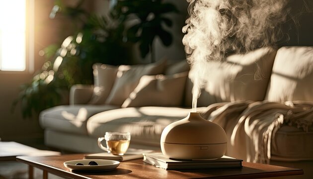 Soft sunlight illuminates a diffusing mist from an essential oil diffuser in a cozy living room