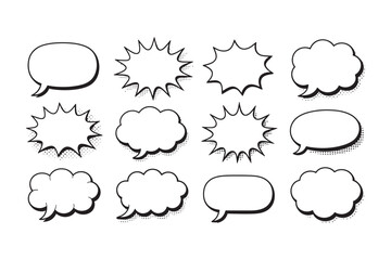 Obraz premium A collection of twelve comic book style speech bubble and thought bubble shapes in black outline with dotted halftone shading on a white background and pop compositions