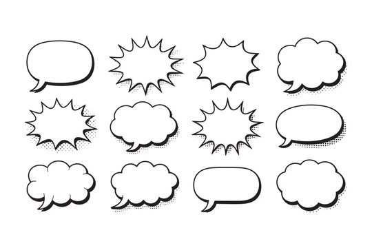 A collection of twelve comic book style speech bubble and thought bubble shapes in black outline with dotted halftone shading on a white background and pop compositions