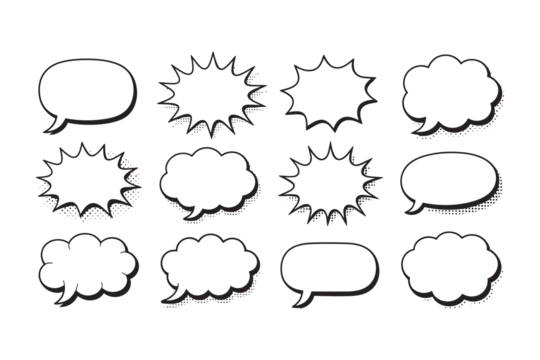 A collection of twelve comic book style speech bubble and thought bubble shapes in black outline with dotted halftone shading on a white background and pop compositions