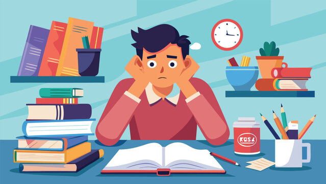Student overwhelmed with books and studies during late night exam preparation with clock ticking