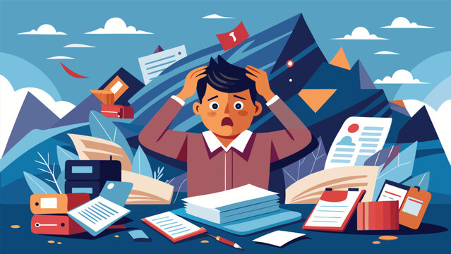 Man overwhelmed with paperwork during a chaotic workday in a stylized mountain landscape with scattered documents and folders