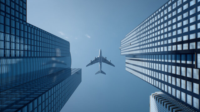 Airplane Flying Between Skyscrapers in Modern City 3D rendering