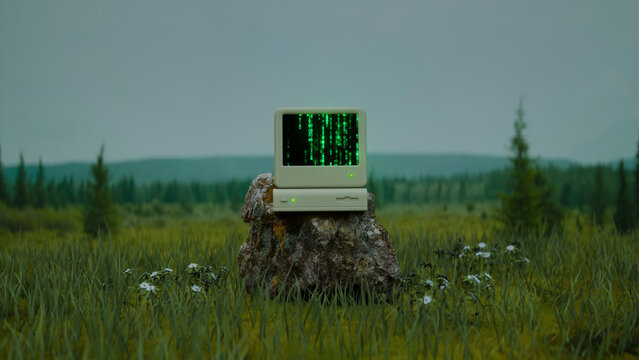 Vintage Computer with Flowing Digital Code in Nature 3D Render