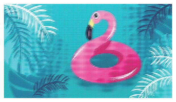 Pink flamingo pool float with tropical leaves, pixelated mosaic art style.