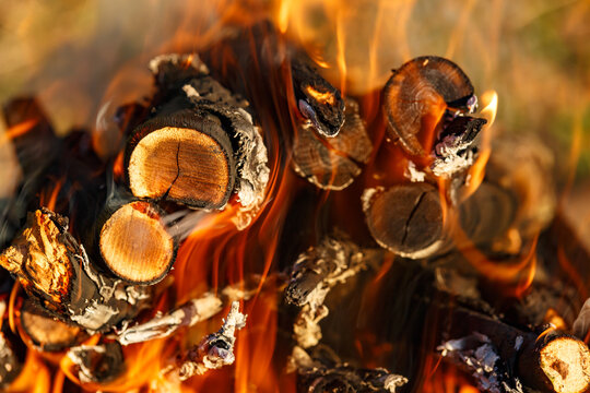 Brightly burning wooden logs with yellow hot flames of fire.The texture of flaming burning firewood.Open fire.