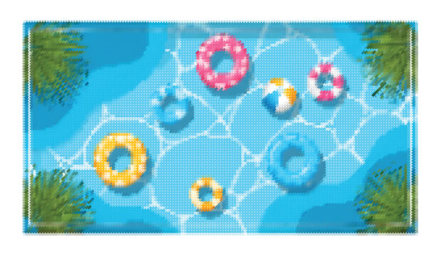 Summer pool party aerial view with colorful floating rings and beach ball on blue water.