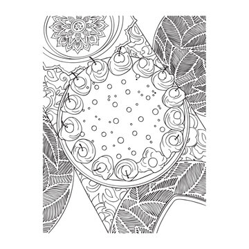 cake design, black and white illustration, decorative leaf patterns, vector art