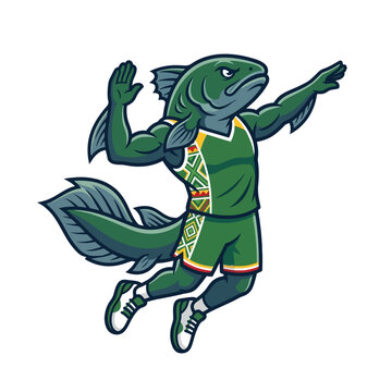 Cartoon Fish Character Playing Basketball, Athletic Fish Mascot in Sports Uniform Jumping and Slam Dunking