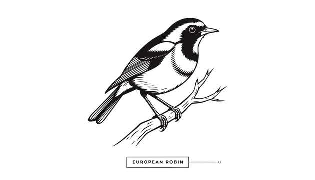 Very beautiful black-and-white engraved vector illustration featuring a European Robin on a slender branch with refined feather details and an engraved label reading "EUROPEAN ROBIN", isolated on whit