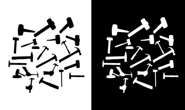 silhouette of hammer of law justices set vector illustration, hammer justices black silhouette vector illustration, hammer, justices, law, icon, illustration, design, symbol, art, symbol, silhouettes,