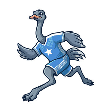 Running Ostrich Character in Blue Sports Uniform with Star