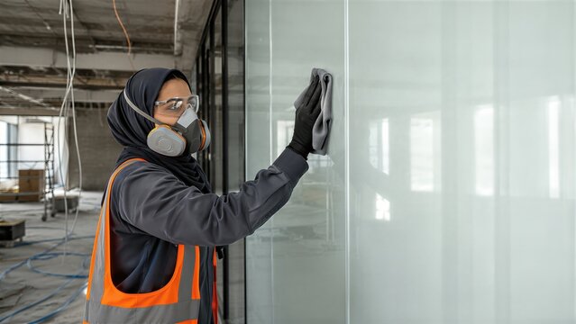Woman worker in hijab cleaning office glass wall. Professional cleaner with protective respirator and vest preparing construction site for handover. Industrial maintenance and service task.