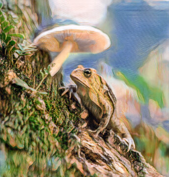 Whimsical Southern Toad and mushroom on tree trunk - Bufo terrestis, digital photo art