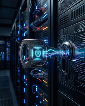 Cyber Security Hacker Key with Microchip and Skull in Server Rack.