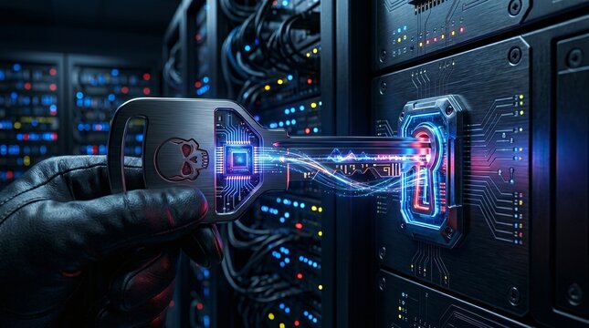 Cyber Security Hacker Key with Microchip and Skull in Server Rack.