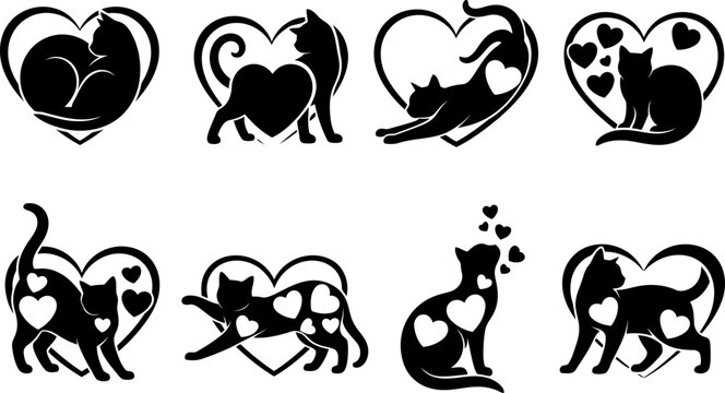 Collection of black cat silhouettes within heart shapes and with heart cutouts white