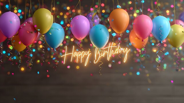 Vibrant colorful balloons with birthday text on dark background