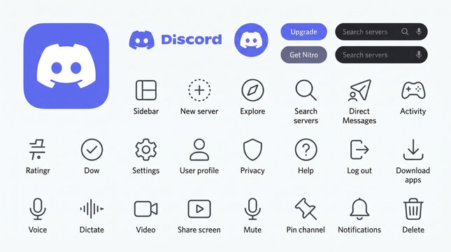 Discord interface icons branding logos and communication elements collection